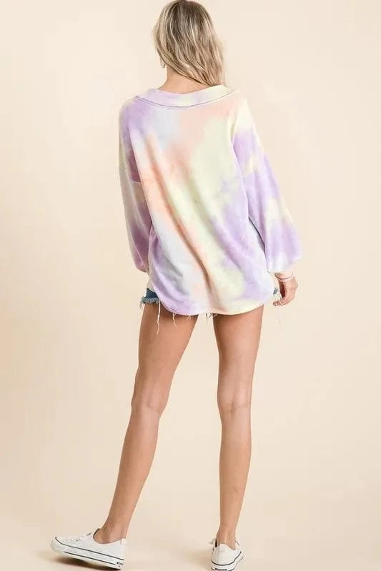 BiBi Sweatshirts & Hoodies BiBi Tie Dye French Terry V-Neck Top with Puff Sleeves