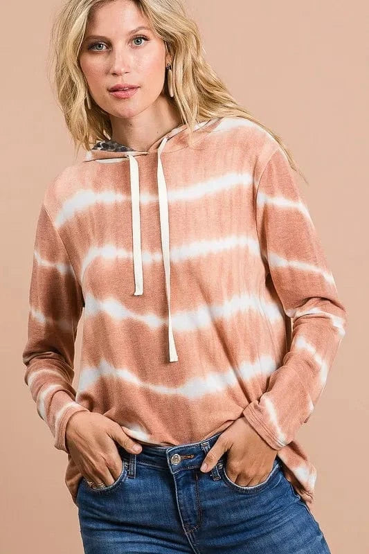 BiBi Sweatshirts & Hoodies BiBi Tie Dye Stripe Terry Drawstring Hoodie With Leopard