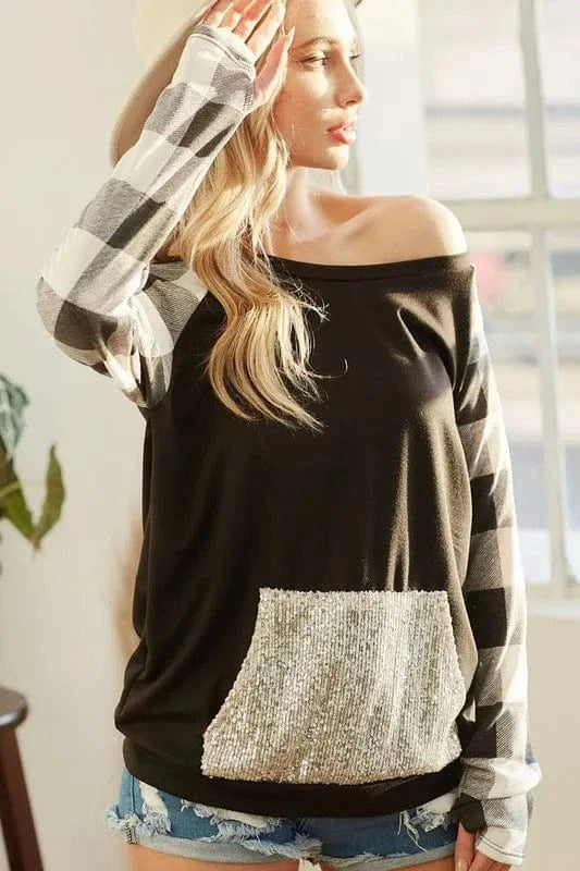 BiBi Sweatshirts & Hoodies BLACK/BLACK CHECK / S BiBi French Terry Top with Sequins Kangaroo Pocket