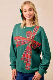BiBi Sweatshirts & Hoodies GREEN/RED PLAID / S BiBi Plaid Ribbon Bow Detail Christmas Fleece Pullover
