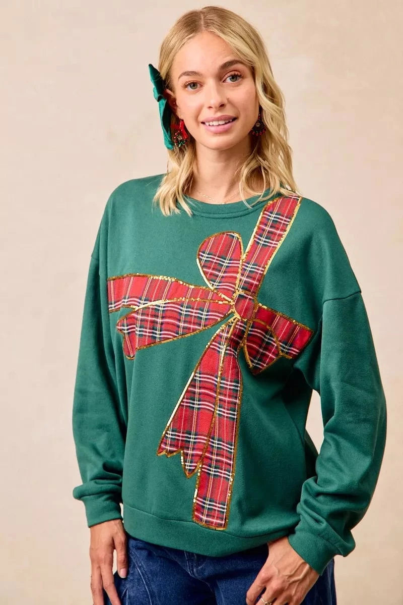 BiBi Sweatshirts & Hoodies GREEN/RED PLAID / S BiBi Plaid Ribbon Bow Detail Christmas Fleece Pullover
