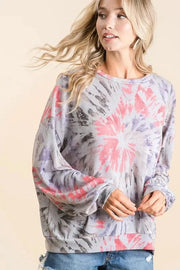 BiBi Sweatshirts & Hoodies GREY MULTI / S BiBi Tie Dye Print Terry Pull Over