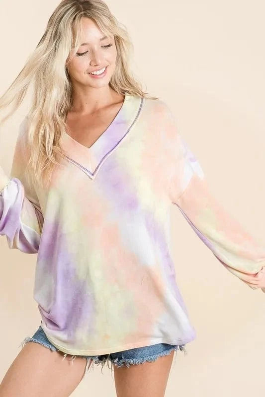 BiBi Sweatshirts & Hoodies LAVENDER MULTI / S BiBi Tie Dye French Terry V-Neck Top with Puff Sleeves