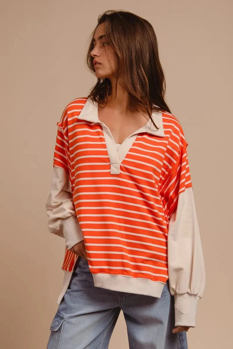 BiBi Sweatshirts & Hoodies ORANGE / S BiBi Stripe Knit Loose Fit Top With Cut Edge Detail