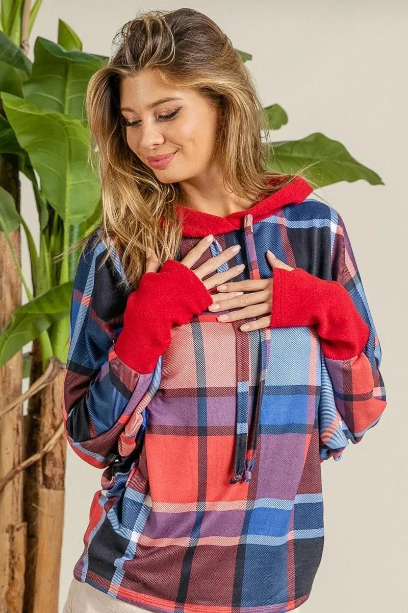 BiBi Sweatshirts & Hoodies RED/BLUE / S BiBi Plaid Mirr Brushed Rib Contrast Thumb Open Hoodie