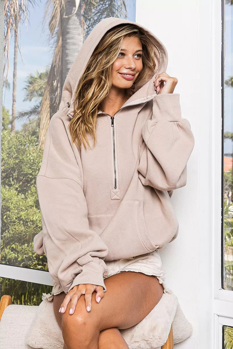 BiBi TAUPE / S BiBi Stitch Detailed Elastic Hem Half Zip Fleece Hoodie