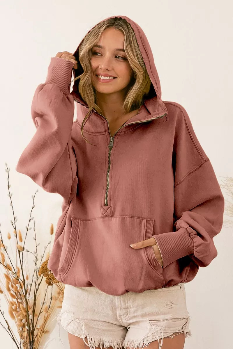 BiBi TERRACOTTA / S BiBi Stitch Detailed Elastic Hem Half Zip Fleece Hoodie