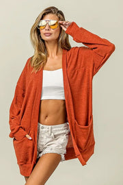 BiBi Trench Coats Orange-Red / S BiBi Open Front Drop Shoulder Cardigan with Pockets