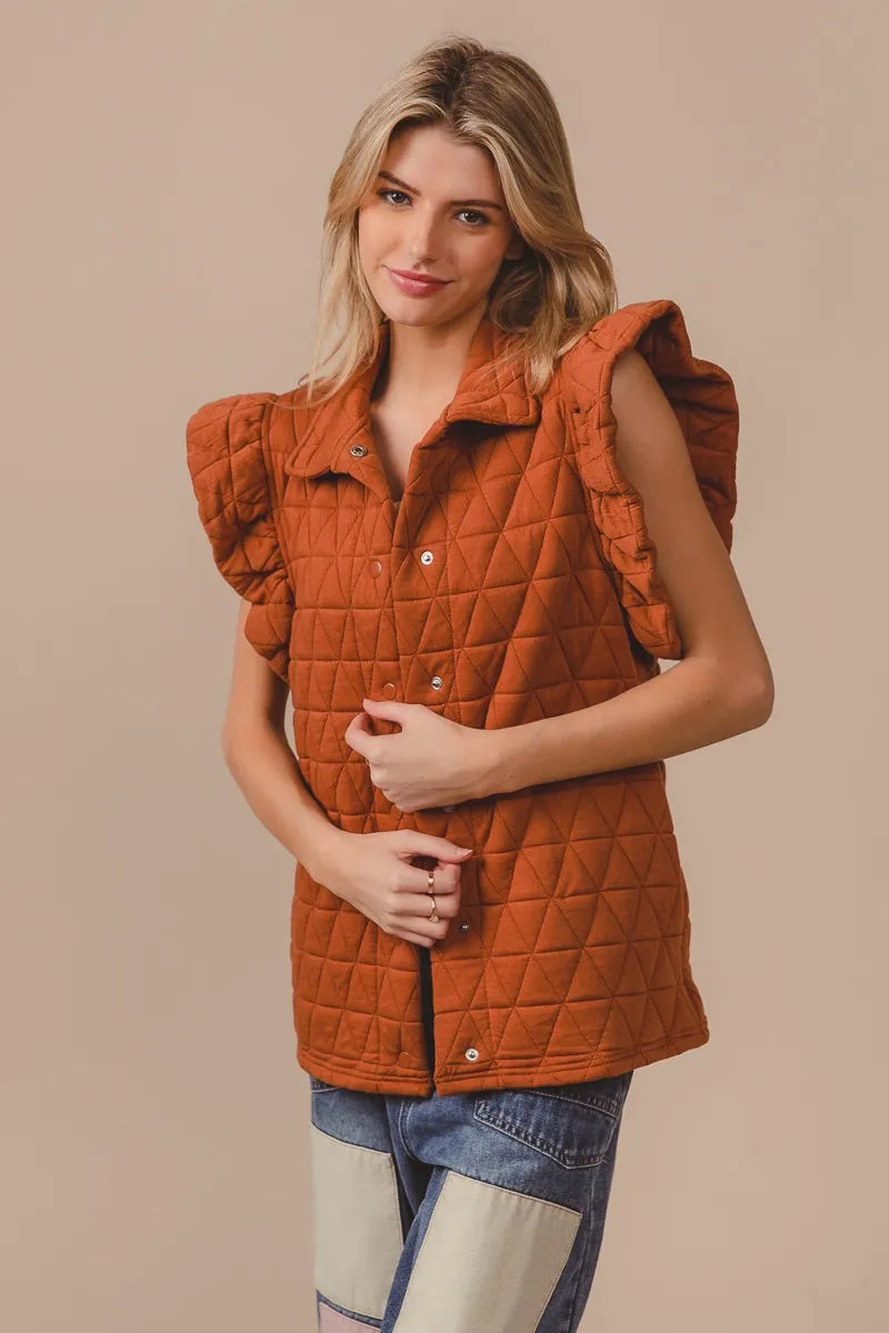 BiBi Vests BiBi Quilting Knit Ruffle Sleeve Vest