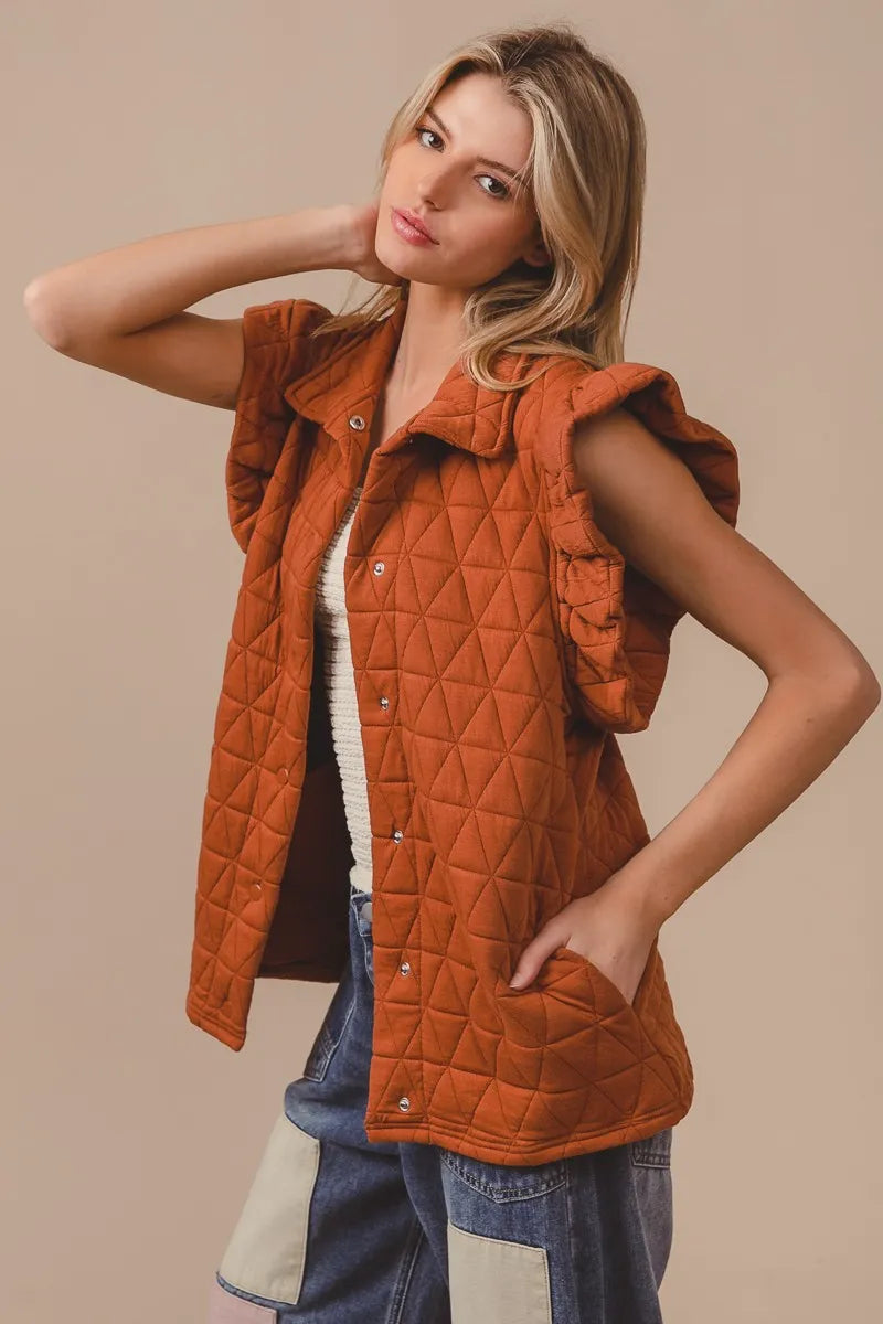 BiBi Vests BiBi Quilting Knit Ruffle Sleeve Vest