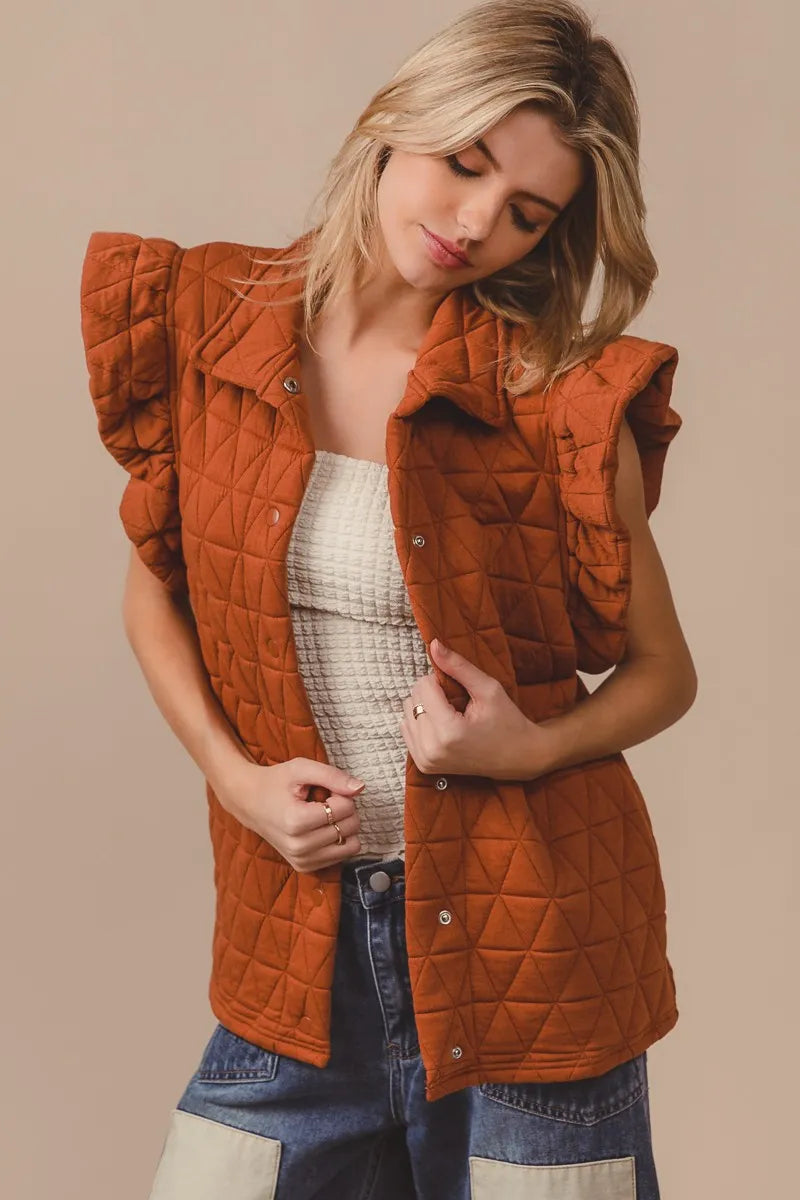BiBi Vests BiBi Quilting Knit Ruffle Sleeve Vest