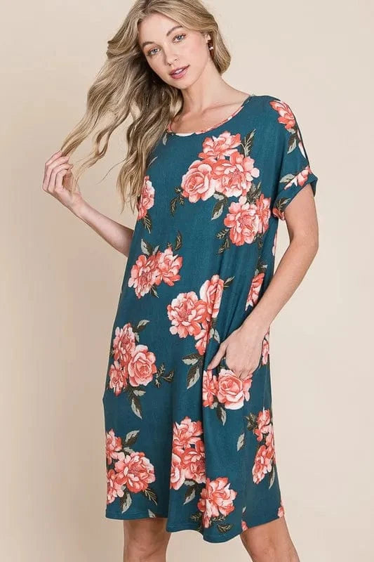 BOMBOM dresses BOMBOM Floral Round Neck Short Tee Dress with Pockets