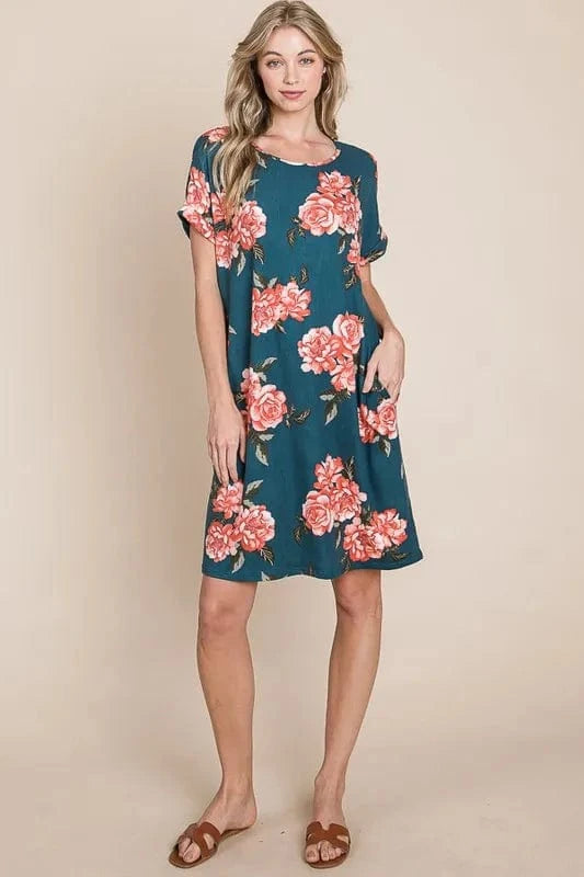 BOMBOM dresses BOMBOM Floral Round Neck Short Tee Dress with Pockets