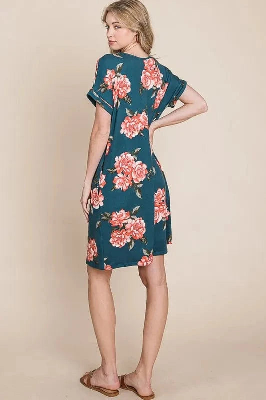 BOMBOM dresses BOMBOM Floral Round Neck Short Tee Dress with Pockets