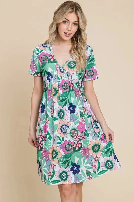 BOMBOM dresses BOMBOM Ruched Floral V-Neck Short Sleeve Dress