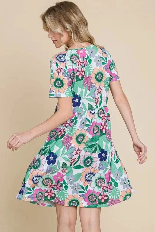BOMBOM dresses BOMBOM Ruched Floral V-Neck Short Sleeve Dress