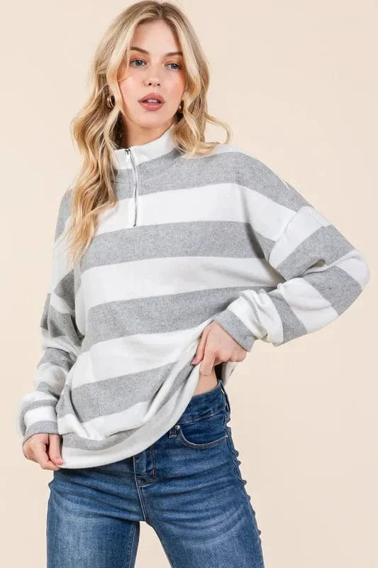 BOMBOM Sweatshirts & Hoodies BOMBOM Striped Quarter Zip Drop Shoulder Sweatshirt