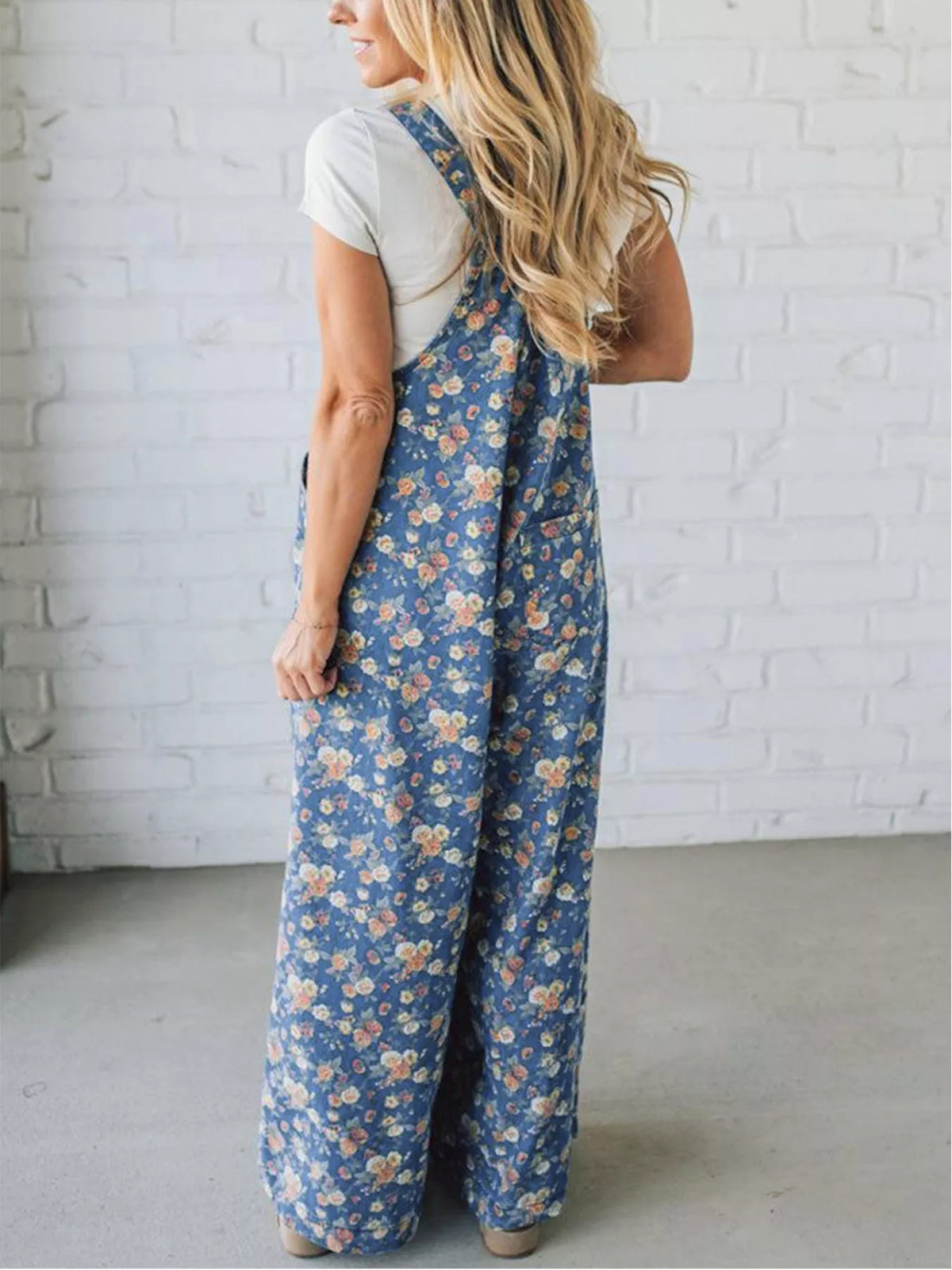 Wide leg denim overalls back view
