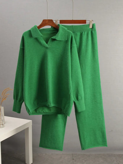 Johnny Collar Long Sleeve Top and Pants Sweater Set - Fashorio