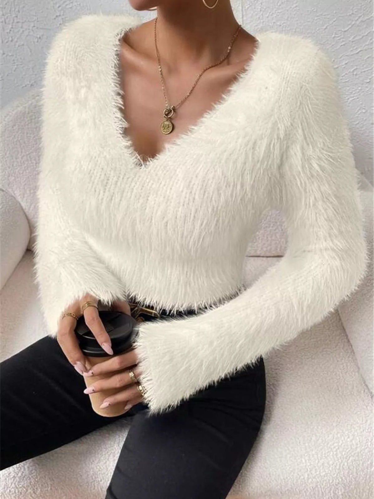Fluffy knit sweater styled look