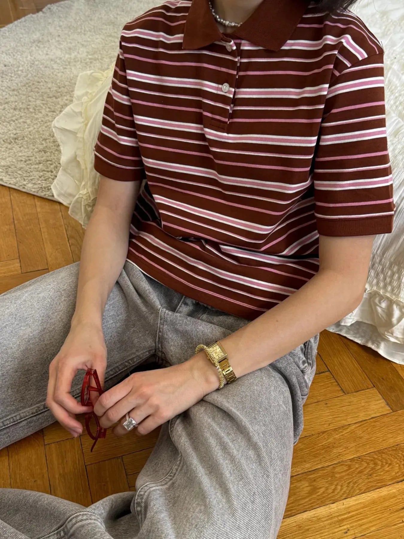 Striped Polo T-Shirt with Contrast Collar Coffee Color - Fashorio