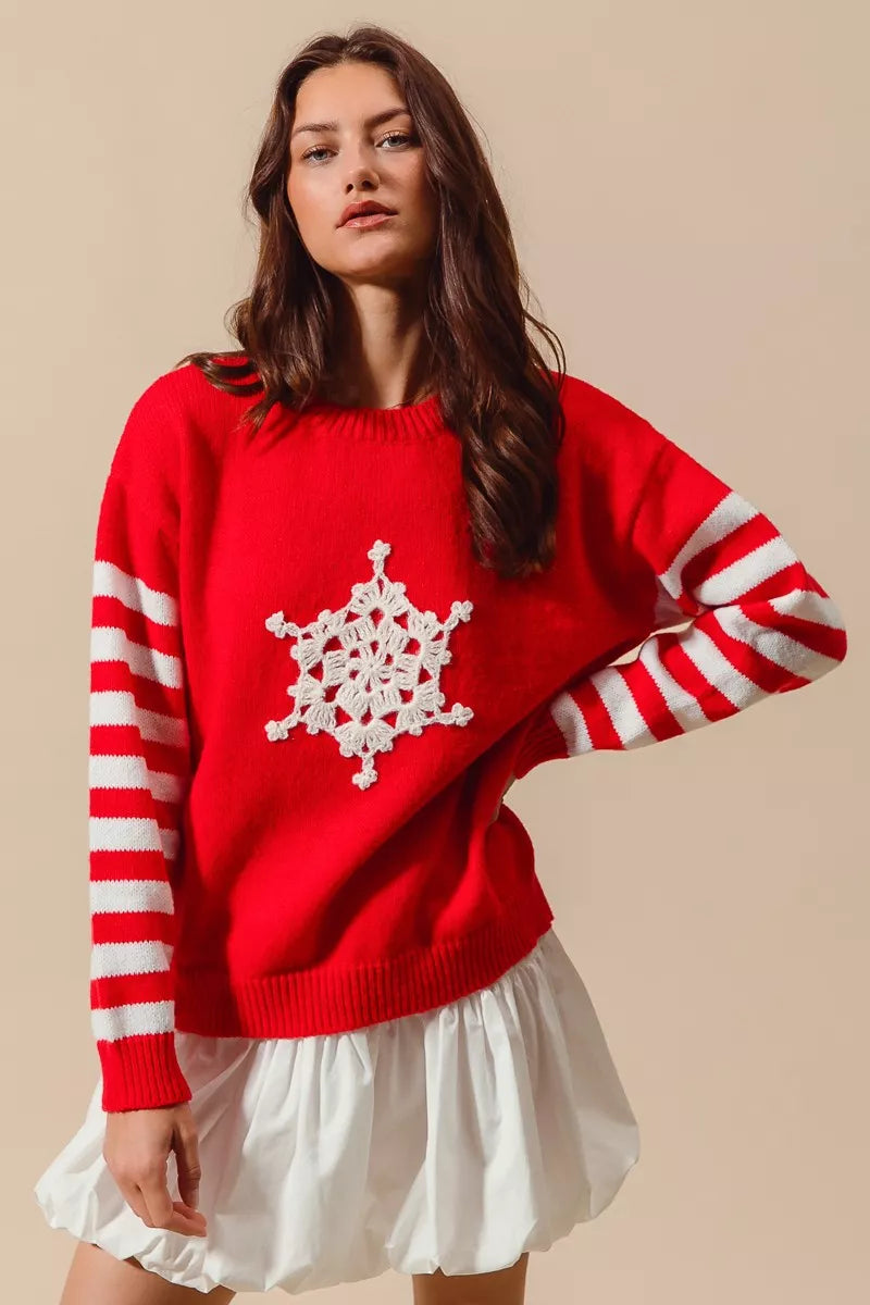 Snowflake Crochet Christmas Sweater in Red and Ivory back view