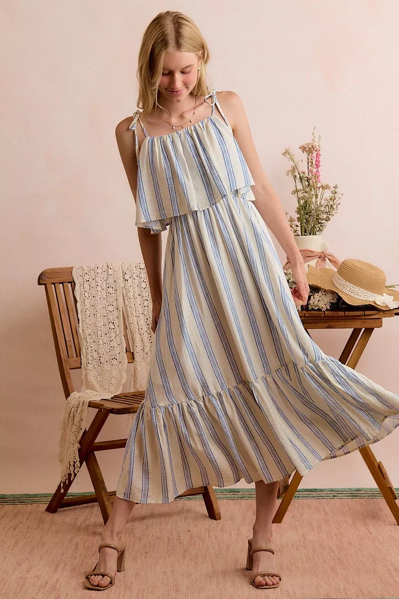White and blue striped tiered midi dress with shoulder ties front view