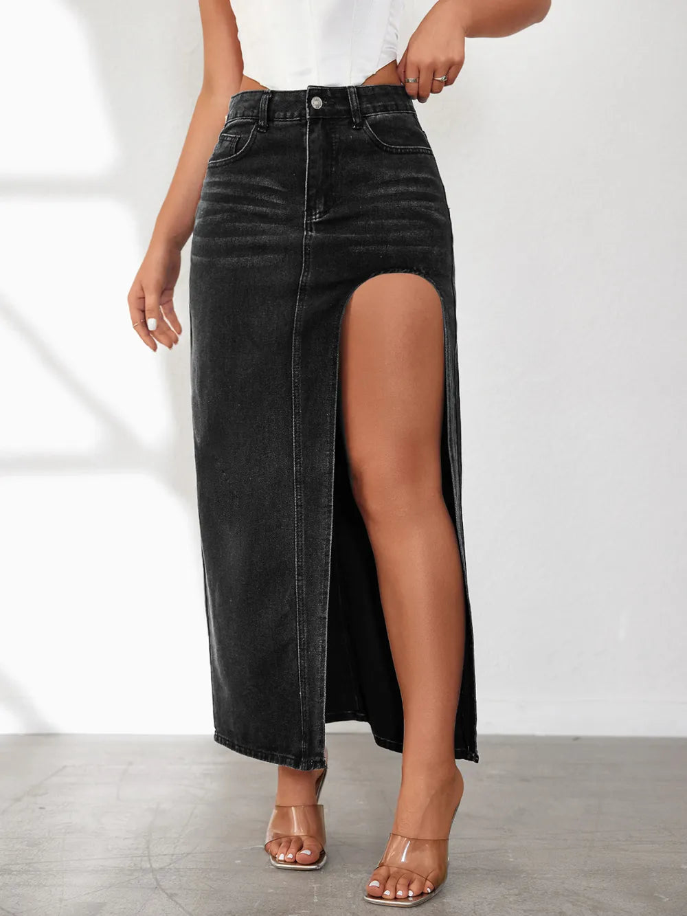 Denim skirt with front slit side view