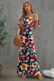 Floral Layered Off-Shoulder Maxi Dress Dark Blue - Fashorio
