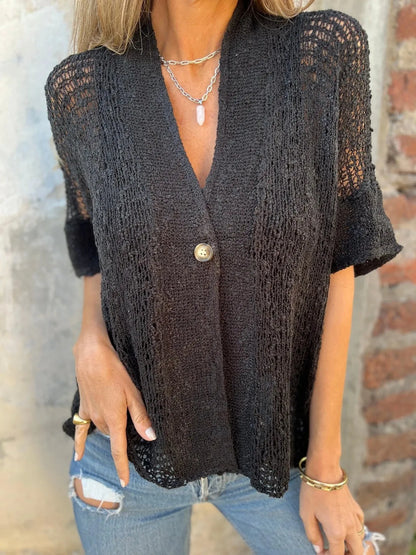 Full Size One Button Openwork Cardigan Plus Size Black - Fashorio