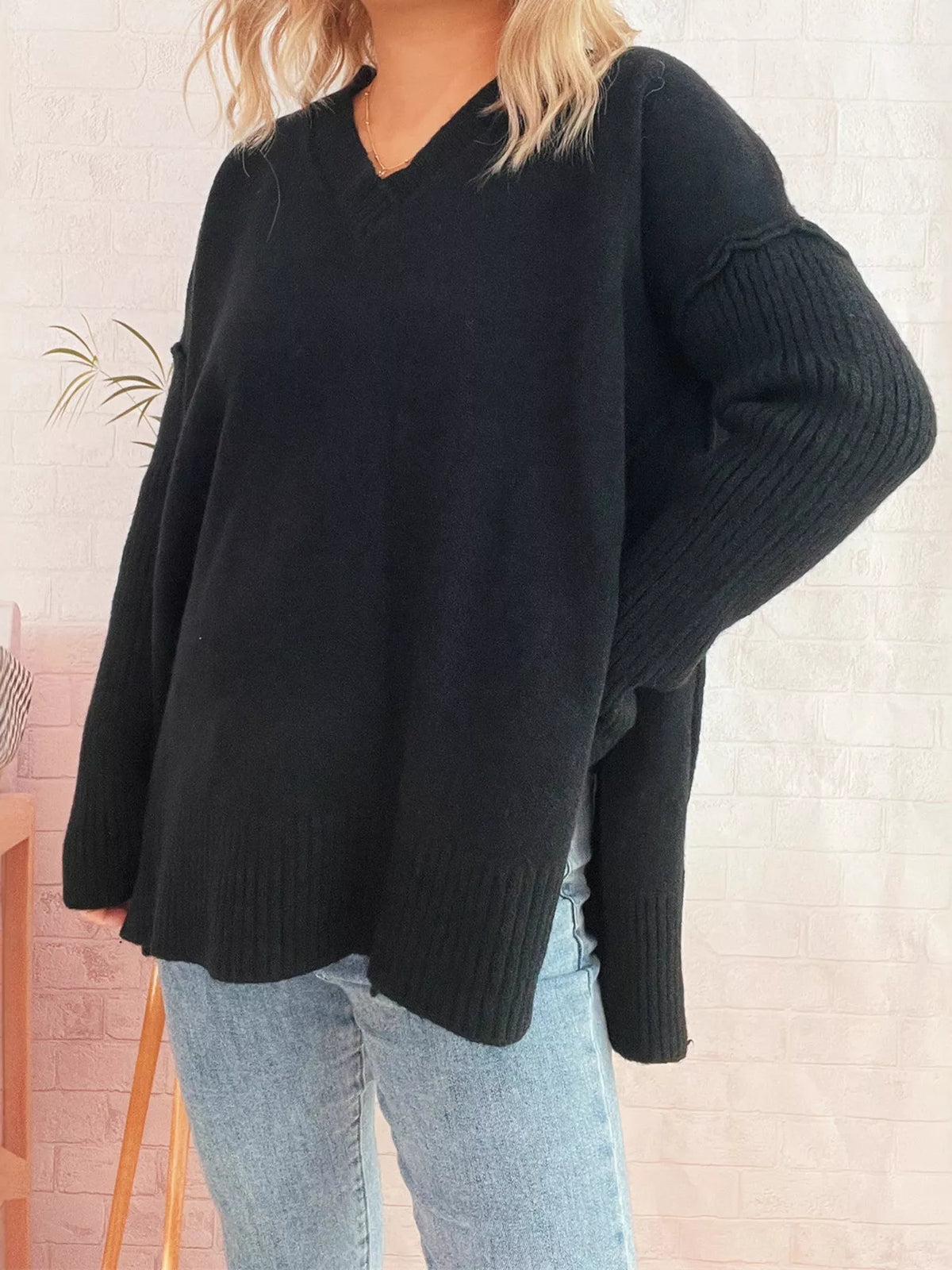 v neck dropped shoulder sweater fit view