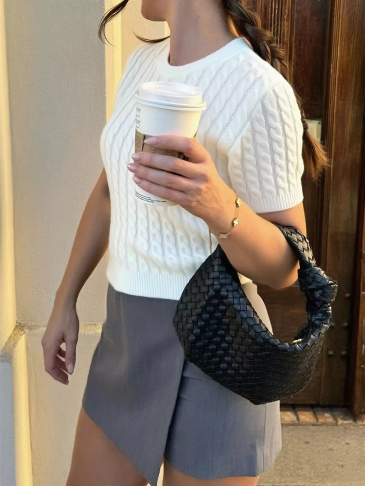 cable knit short sleeve sweater back view