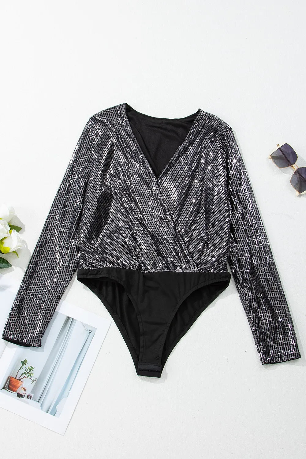 Sequin Surplice Long Sleeve Bodysuit - Fashorio