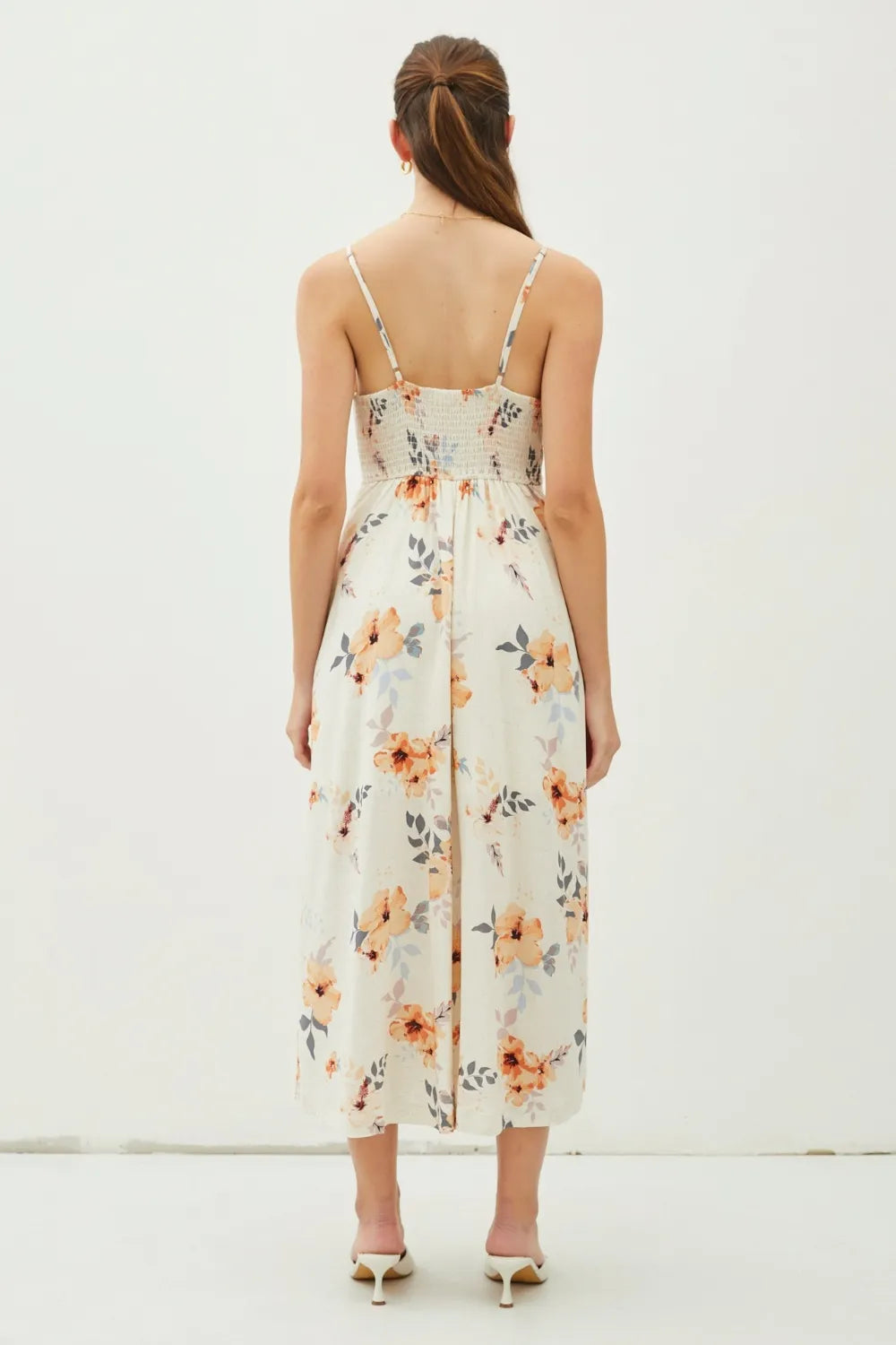 Floral Button Down Cami Midi Dress in Peach back view