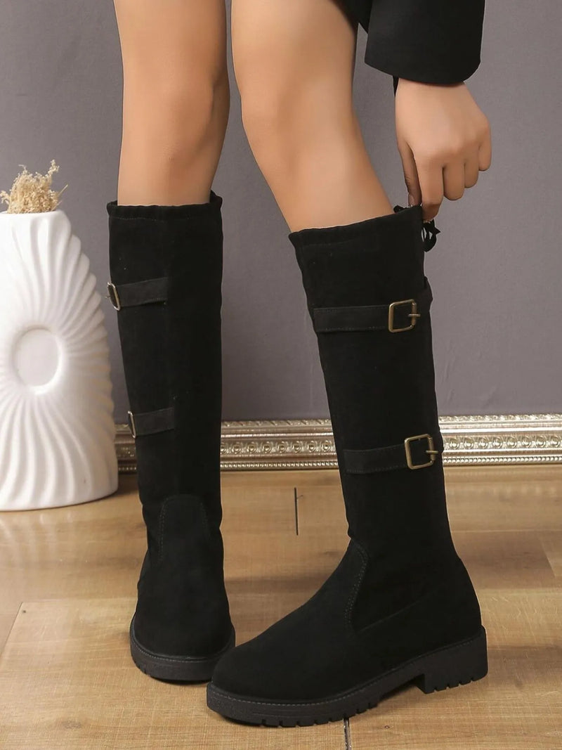 black black suede knee high combat boots front view