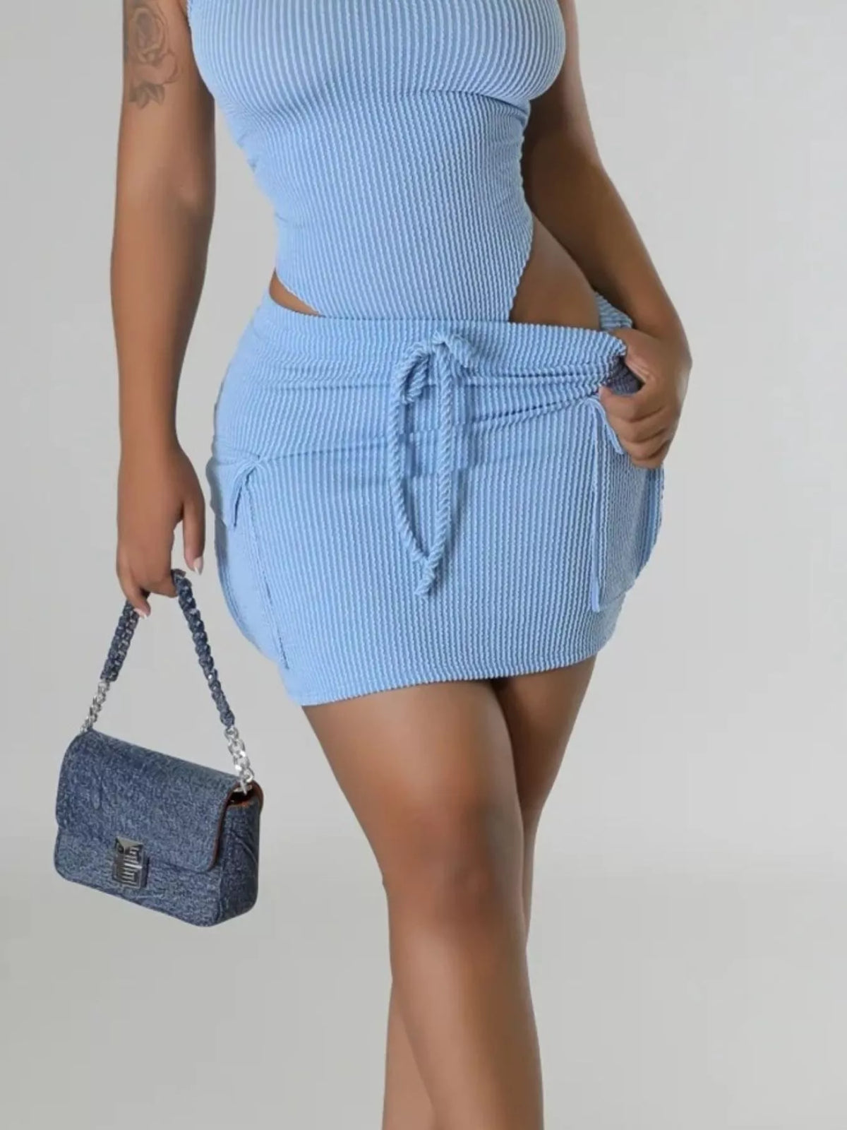 Bodysuit and drawstring skirt set back view