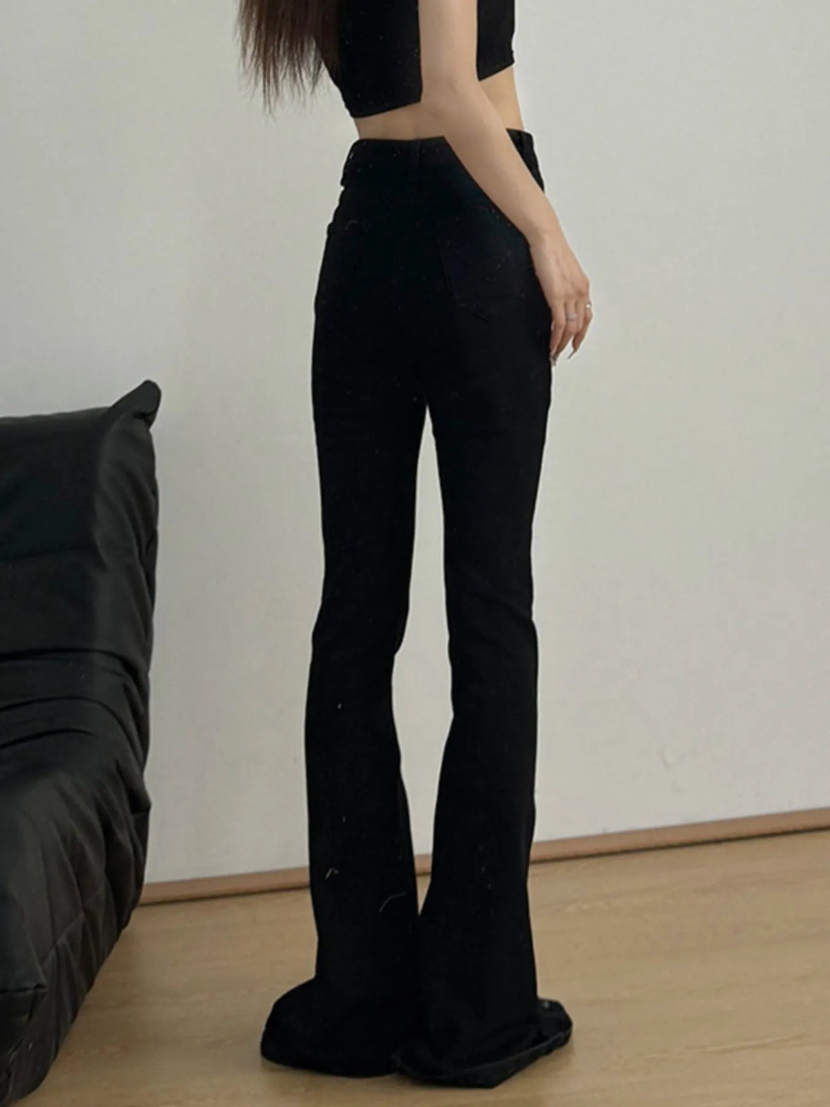 Slit flare black denim styled detail