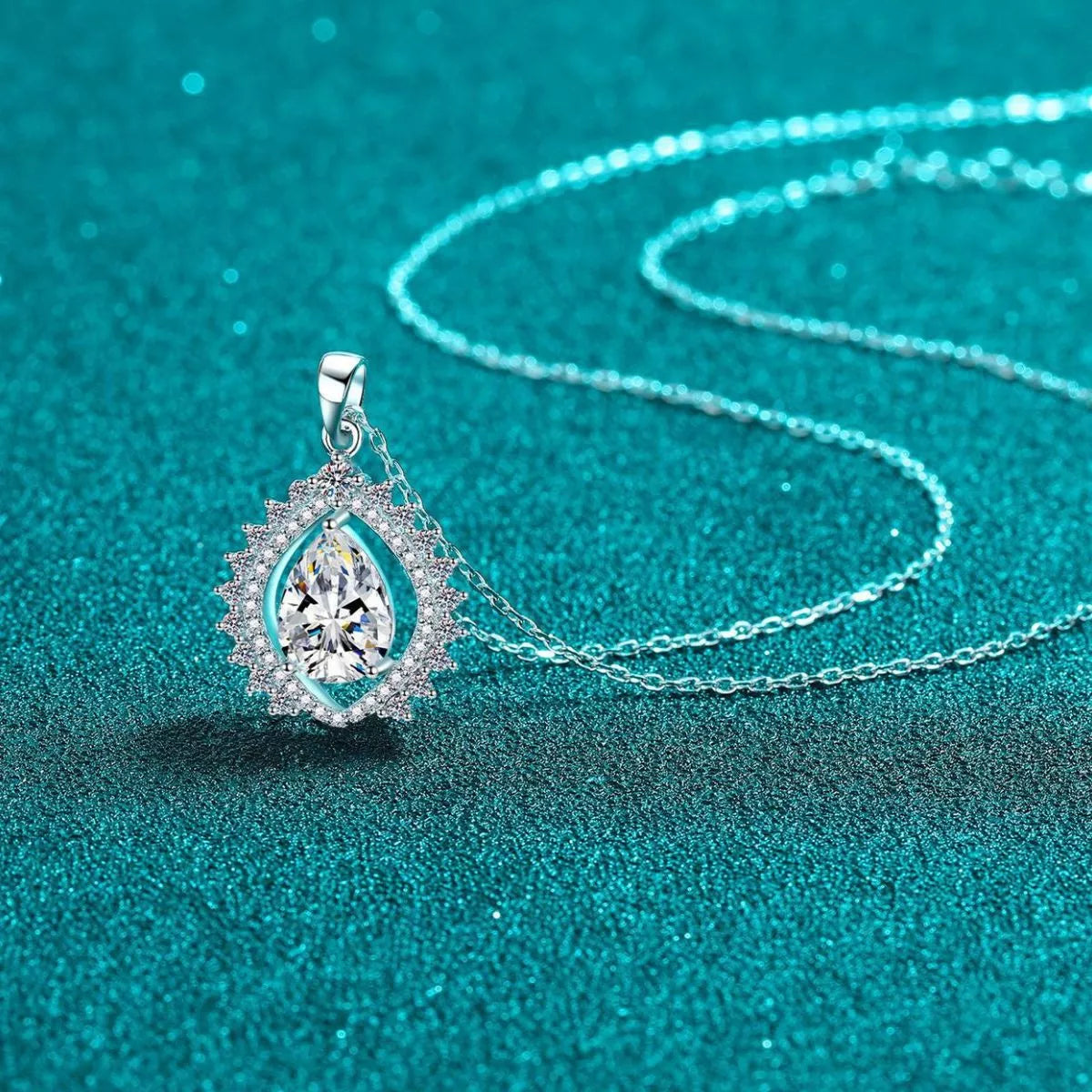 Close up of 3 carat moissanite teardrop pendant