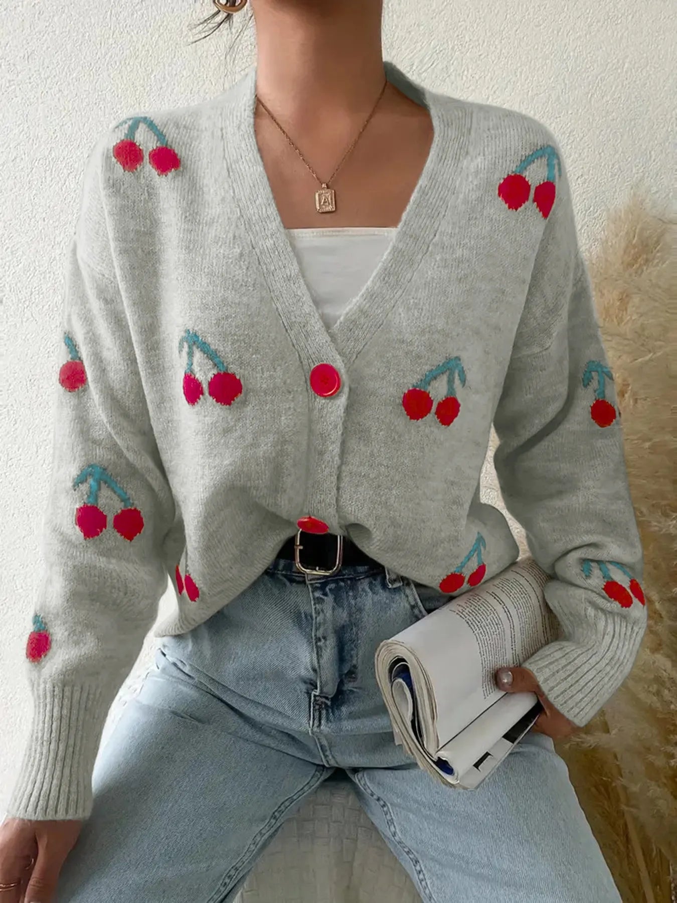 Cherry Button-Up Knit Cardigan - Fashorio