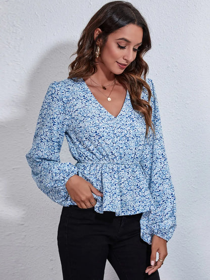 Floral V-Neck Balloon Sleeve Peplum Blouse - Fashorio