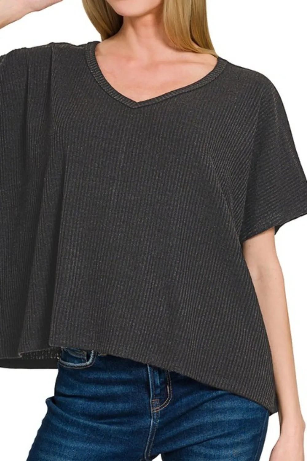 Zenana Ribbed V-Neck Short-Sleeve Knit Top - Fashorio