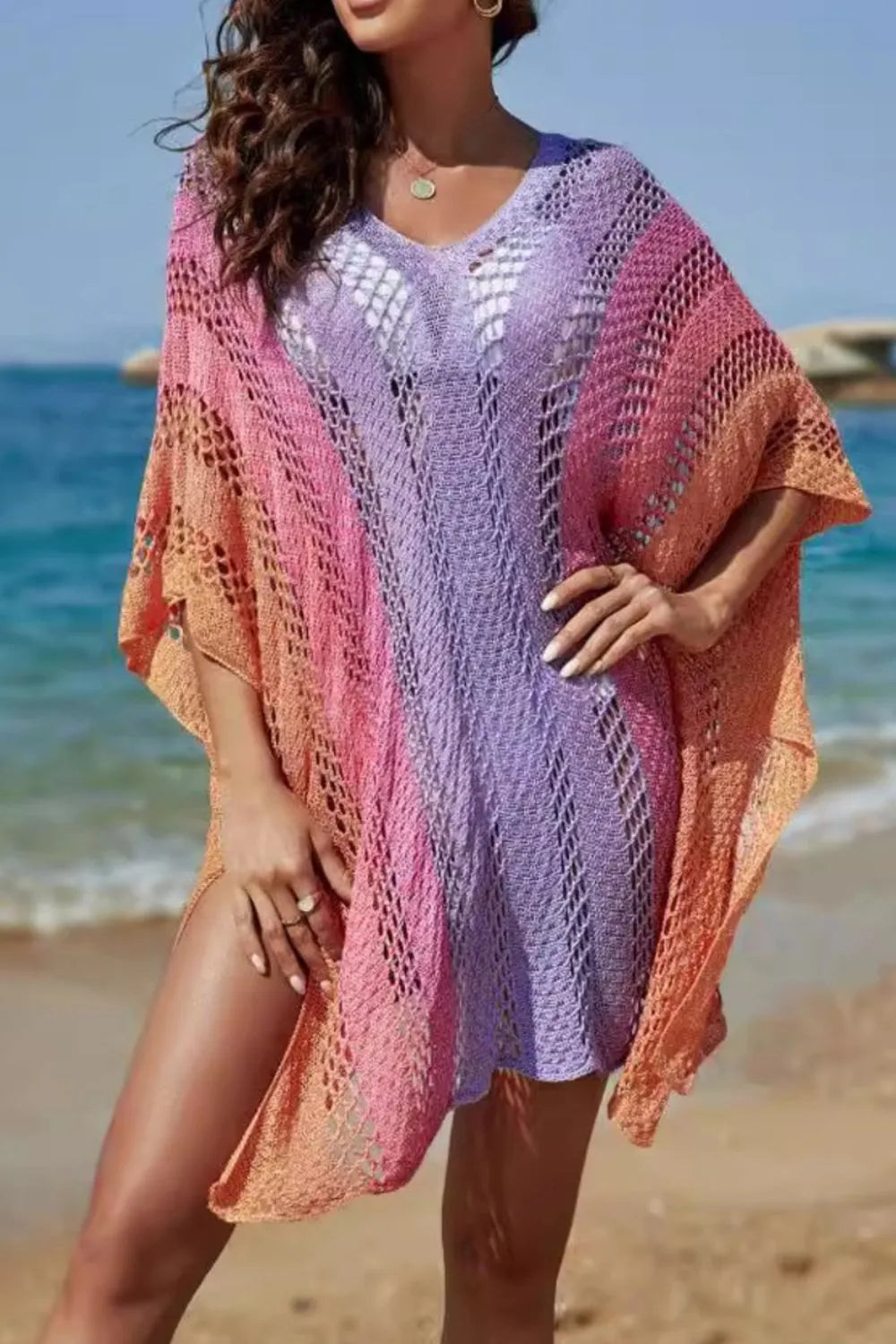 Rainbow Gradient Crochet Cover-Up Multicolor One Size - Fashorio