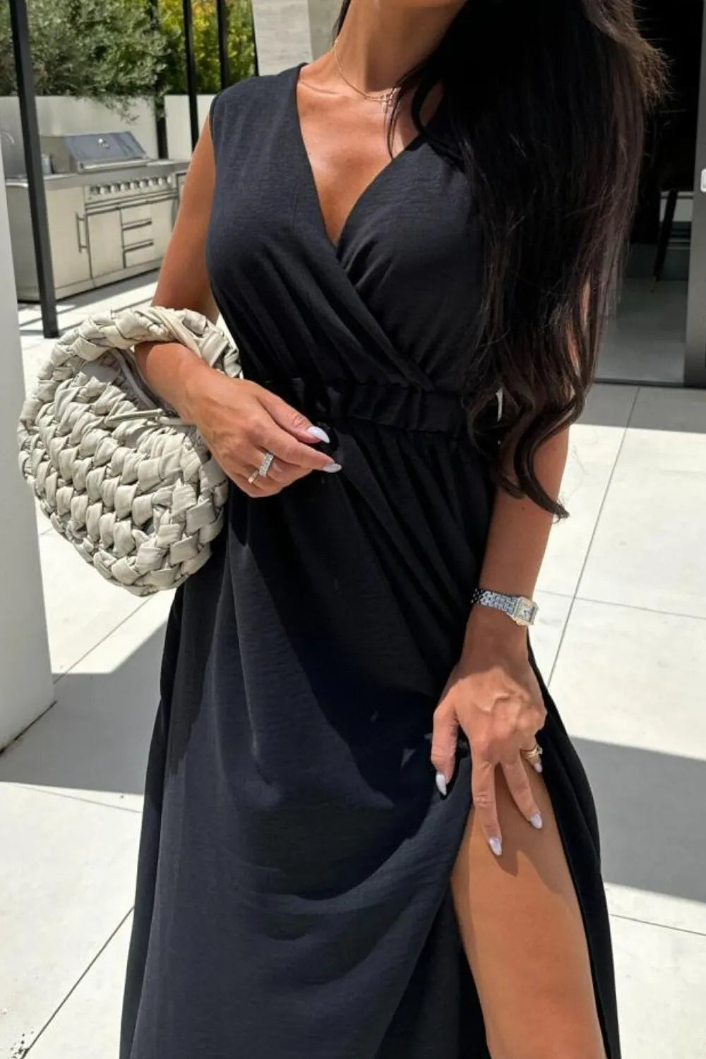 sleeveless surplice wrap maxi dress with leg slit fabric and print detail