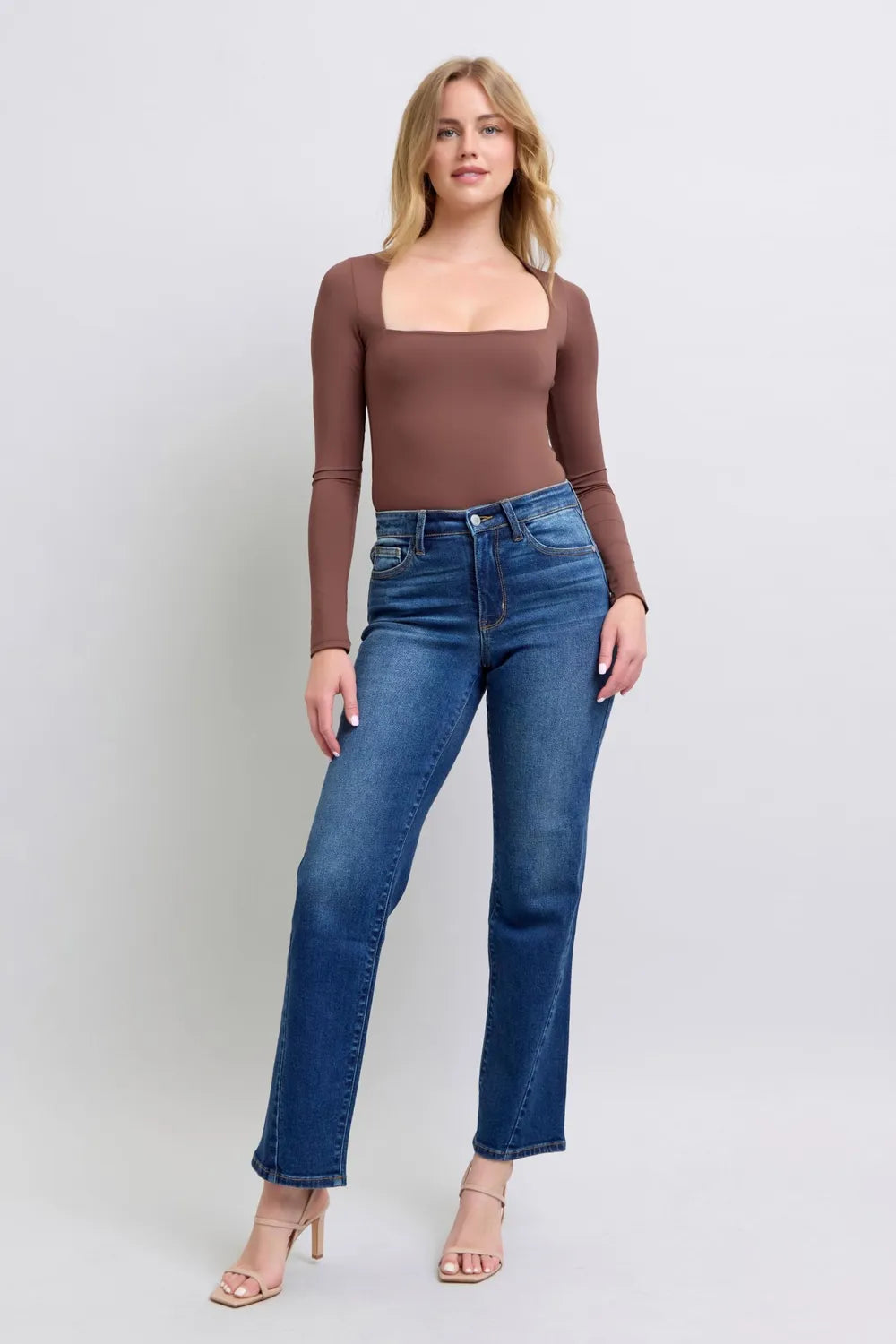 Judy Blue Side Seam Detail Straight Jeans with Pockets on model