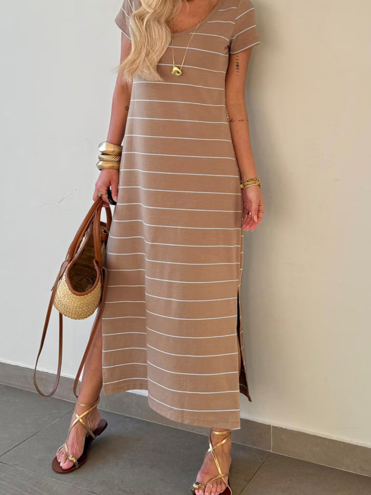 Mocha striped side slit maxi t shirt dress back view