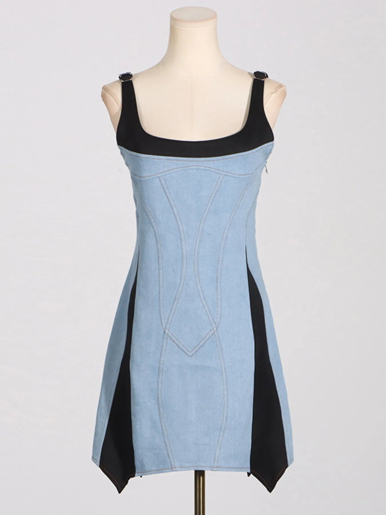 Contrast Adjustable Strap Denim Dress - Fashorio