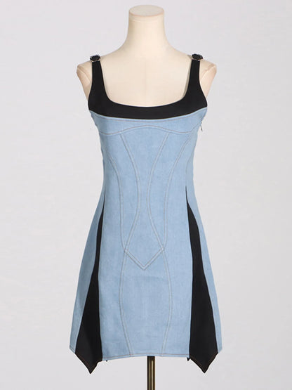 Contrast Adjustable Strap Denim Dress - Fashorio