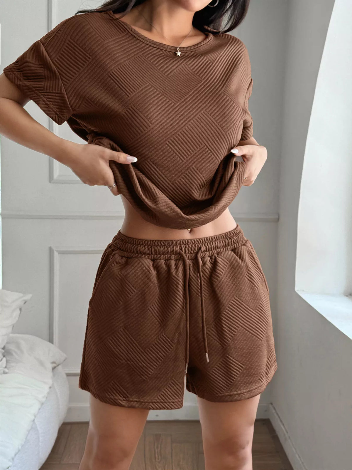 Textured knit round neck top and shorts set front view