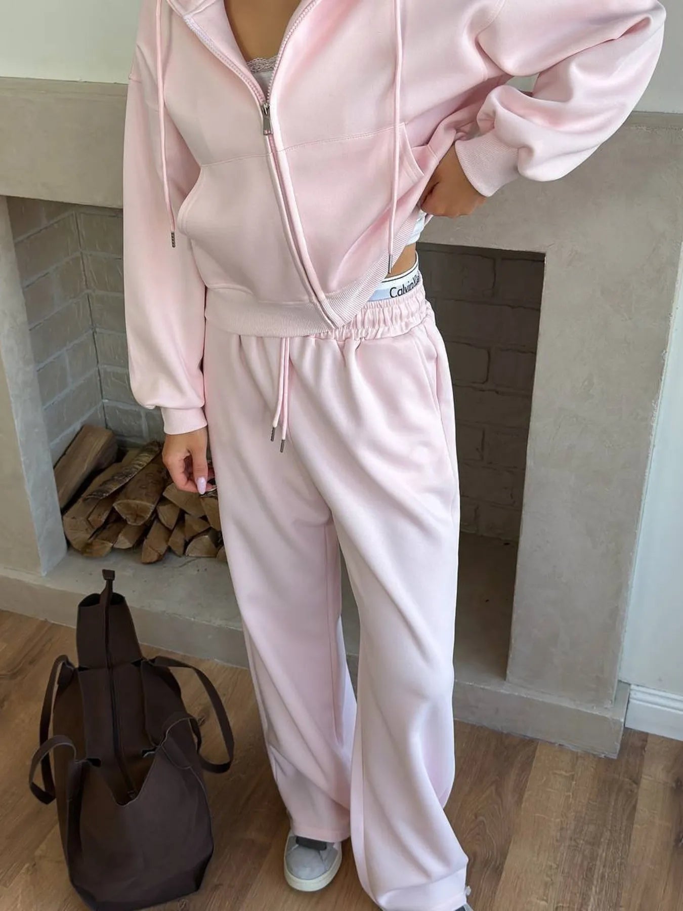 Zip Up Drawstring Hoodie and Pants Set - Fashorio