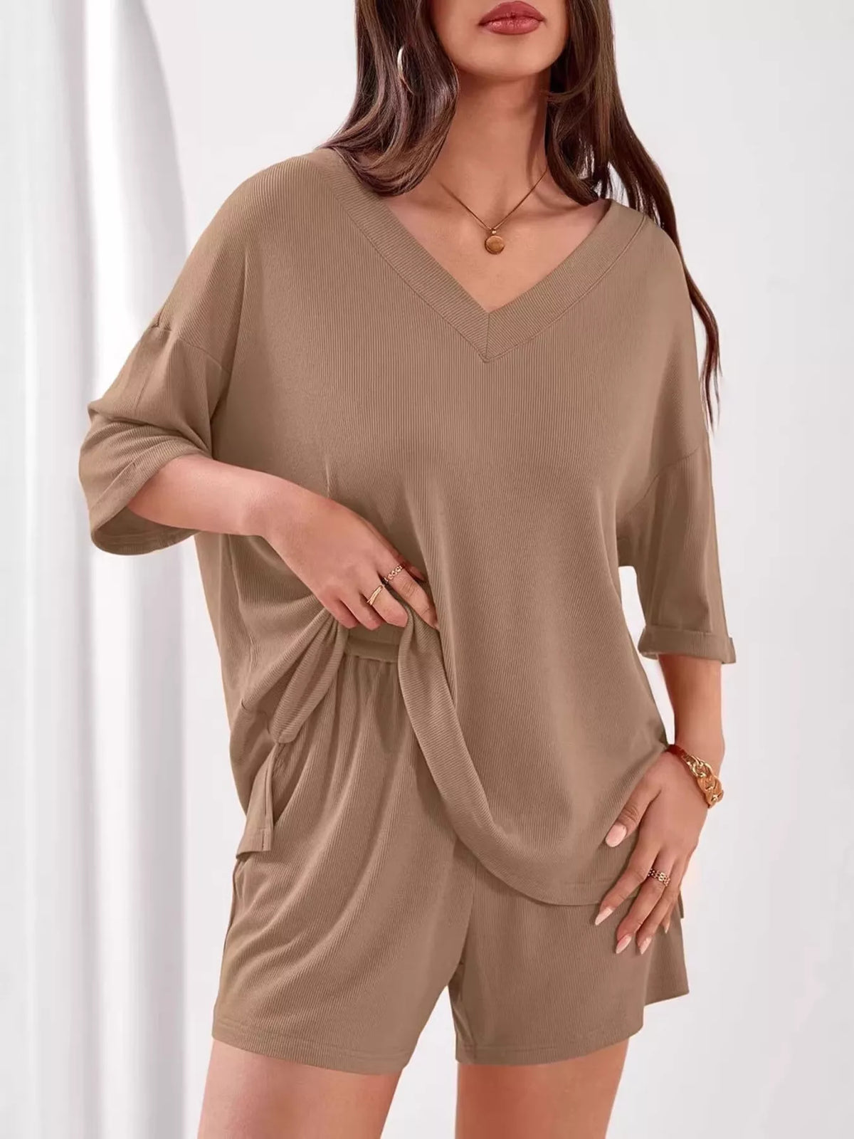 V neck top and shorts set styled outfit